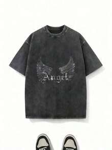 1 Piece Women's Graphic Tee, 230g, Washed Effect | Modern Prints, Loose Fit, Crew Neck, Perfect For Outerwear And Indoors, Distressed Retro Style, Versatile Casual Tee. 100% Cotton Washed Retro Casual Tee, Vintage Washed Y2K Style Tee. Unisex Washed Cotton Tee, Mother's Day Gift 421U180g 100% Cotton. - 黑色 - 查看 11