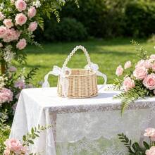 Wicker Flower Girl Baskets With Bows Rustic Pearl Willow Wedding Baskets For Party Banquet Ceremony Decoration - White - View 4