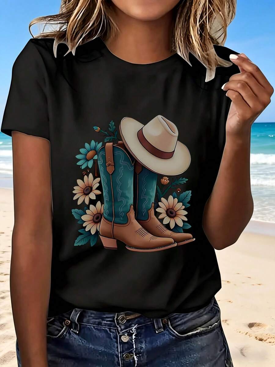 Cowboy Boots And Hat Floral Design T Shirt With Fashion Trendy Western Style Perfect For Beach Vacation Outdoors Casual Wear Ideal Gift For Her - Negro - Ver 1