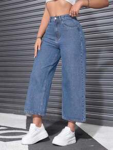 Jeans casuales de cintura alta con bolsillos y pierna ancha - Azul lavado medio 2 - Ver 5