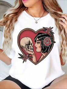 Camiseta con gráfico de corazón, calavera y rosa para mujer con diseño de arte de tatuaje vintage, es una camiseta perfecta para regalar a amigos y familiares en cualquier fiesta u ocasión festiva, 220g - Blanco - Ver 1