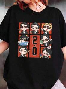 Camisa y Camiseta Casual Elegante para Mujer - 1 UnidadConjunto de camisetas con temática de Arirang, camiseta con  de  2.0, regalo hecho por fans para la gira mundial de , corte holgado estilo .Camisetas Casuales para Mujer: Una colección que incluye camisetas casuales, tops y camisetas ideales para el uso diario.Confeccionadas con tejidos ligeros y transpirables, estas prendas presentan una estética de inspiración vintage, lo que las convierte en una excelente opción tanto para la vida universitaria como para conjuntos cotidianos.Los diseños son encantadores y bonitos, con un corte cómodo y favorecedor.Gracias a su estilo clásico, tejidos suaves al tacto y sensación agradable para la piel, estas prendas poseen un distintivo aire de inspiración mexicana. - Negro - Ver 6