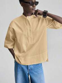 de diseño versátil y casual de serie esencial con sensación de lujo minimalista, con cuello redondo, hombros caídos y diseño suelto, silueta corta por delante y larga por detrás, de estilo urbano moderno y elegante para oficina, ideal para bod - Caqui - Ver 6