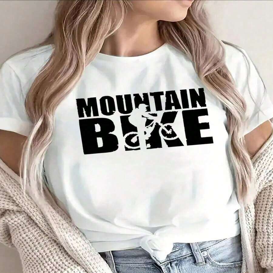 Camiseta Casual de Algodón para Mujer con Estampado de Bicicleta de Montaña, Manga Corta, Cuello Redondo, Corte Regular - Blanco - Ver 1