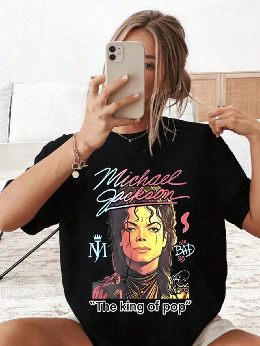 Womens Oversized Cotton Streetwear King Of Pop Graphic Printed Short Sleeve Summer Casual Tshirt (Gift For Her) - Negro - Ver 1