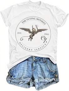 Flying Monkey Delivery Service EST 1900 Camiseta Casual Suave y Cómoda para Mujer - Camiseta de manga corta con cuello redondo, con estampado de mono volador y bosque de fantasía, corte holgado en forma de H, adecuada para todas las estaciones, ideal para eventos temáticos y cultura pop nostálgica. - Blanco - Ver 1