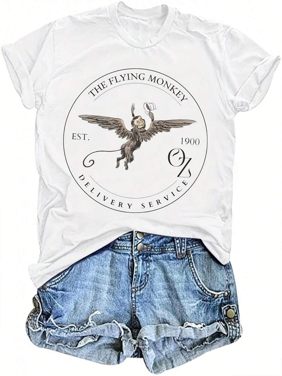 Flying Monkey Delivery Service EST 1900 Camiseta Casual Suave y Cómoda para Mujer - Camiseta de manga corta con cuello redondo, con estampado de mono volador y bosque de fantasía, corte holgado en forma de H, adecuada para todas las estaciones, ideal para eventos temáticos y cultura pop nostálgica. - Blanco - Ver 1
