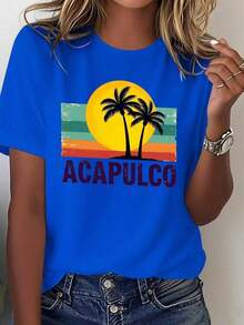Women's Lightweight Graphic Print T-Shirts, Vintage 60s Style, Mexican Beach Design - 100% Vintage Print Of Palm Trees And Acapulco Sunset, Combined With Turquoise And Orange Stripes - Casual Vacation T-Shirt, Suitable For Daily Wear And Theme Parties - Machine Washable, Soft And Breathable Fabric - Loose Geometric Pattern, Suitable For All Seasons - White Background With Vintage Acapulco Lettering - Nostalgic 60s Inspired Design, 100% Cotton, A Popular Choice. - 藍色的 - 查看 7