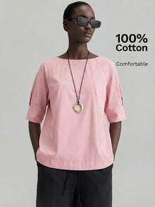 2026SS Nueva blusa de mujer, atuendo de vuelta al colegio, estilo campestre, casual de oficina, cita nocturna, aeropuerto, uso de fiesta, unicolor de verano con hombros descubiertos y manga corta, tela tejida, adecuada para el Día de San Valentín, t - Rosa - Ver 1