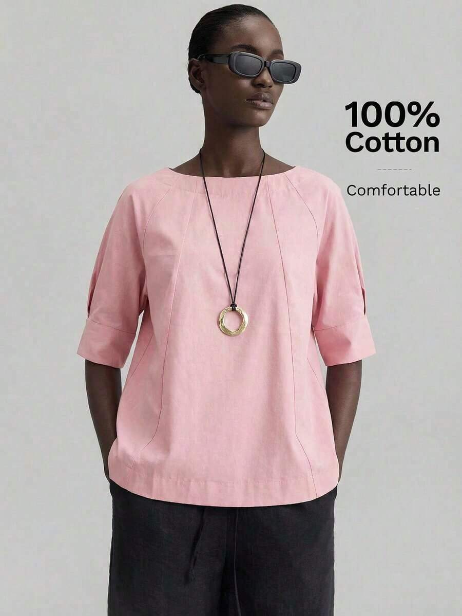 2026SS Nueva blusa de mujer, atuendo de vuelta al colegio, estilo campestre, casual de oficina, cita nocturna, aeropuerto, uso de fiesta, unicolor de verano con hombros descubiertos y manga corta, tela tejida, adecuada para el Día de San Valentín, t - Rosa - Ver 1
