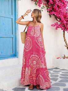 Vestido informal de tirantes de mujer con estampado total, Vestido de tirantes a lunares - Rosa Fucsia - Ver 8