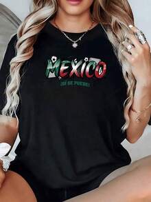 México con letras verdes blancas y rojas rodeadas de balones simboliza la fuerza la pasión y el orgullo nacional invitando a creer en el poder de la unidad y la esperanza camiseta de mujer casual cómoda para uso diario - Negro - Ver 1