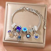 1 chiếc vòng tay phong cách Bohemian màu xanh dương với mặt dây chuyền hình ngôi sao, mặt trăng, mặt trời, phụ kiện sang trọng đa năng độc đáo. - Vòng tay ngôi sao và mặt trăng mắt xanh - Xem 2