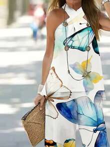 Estampado por todas partes Conjunto De Dos Piezas De Cuello Halter De Color Sólido Sin Espalda pierna ancha y bolso inclinado (Sin accesorios, sin bolsos) - Blanco - Ver 2