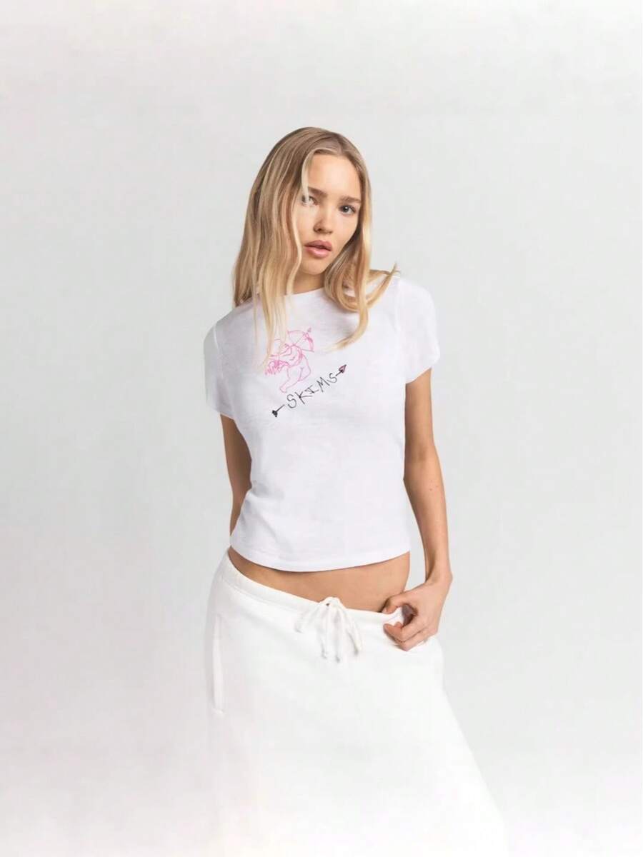 Nueva Camiseta Versátil de Manga Corta con Cuello Redondo y Estampado de Cupido, Top Casual, Camisetas de Cuello Redondo, Camisetas Cómodas y Holgadas, Camisetas de Moda - Blanco - Ver 1