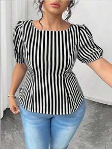 Blusa casual de manga corta con lazo y espalda abierta, unicolor, para mujer talla grande, verano - Blanco y Negro - Ver 4