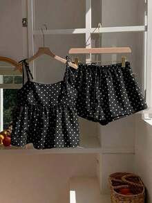 Conjunto de 2 piezas de camiseta de tirantes y pantalones cortos con estampado de lunares para vacaciones de mujer - Negro - Ver 5
