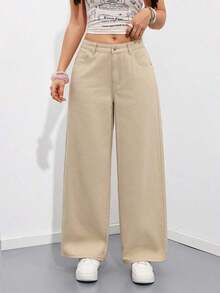 Jeans rectos y sueltos con bolsillos - Caqui - Ver 6