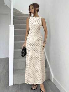 Vestido de verano con espalda abierta, tirantes y estampado de lunares sexy para mujeres - Albaricoque - Ver 5