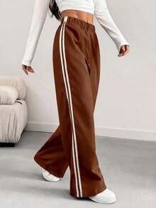 Pantalones informales de mujer con pierna suelta y efecto de contraste de color, para primavera/verano - Marrón - Ver 4