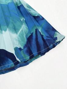 Vestido plisado con hombros abiertos y estampado para vacaciones, conjunto de ropa de playa para vacaciones - Azul 2 - Ver 6