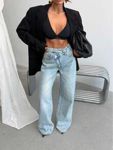 SQUALO Asymmetric Waist Wide Leg Jeans – Light Wash Denim - Blue - View 5