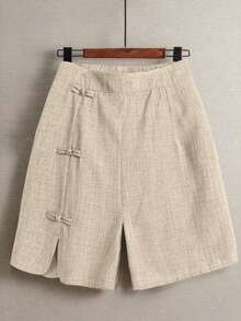 Pantalones cortos de mujer talla grande, casuales, para ir al trabajo o salir, con diseño de abertura redonda, cintura elástica y decoración de nudo chino con botones - Albaricoque - Ver 6