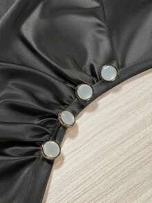 de verano elegante para mujer con cuello en V, mangas cortas y drapeado, unicolor, top de satén blanco para fiestas, salidas a la playa y eventos - Negro - Ver 5