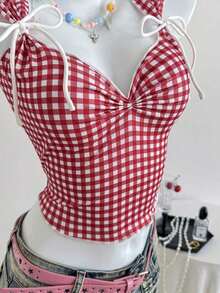Top a cuadros sin mangas para mujeres con escote de corazón y nudo delantero - Rojo - Ver 8