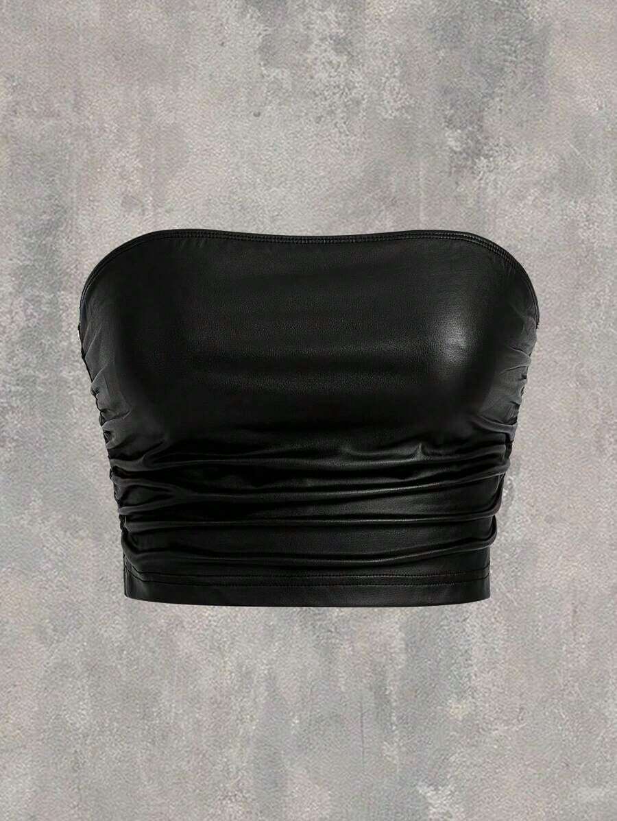 Top sin tirantes negro de punto para mujer, top liso negro casual con pliegues y ajustado para mujer, uso diario casual de primavera/verano - Negro - Ver 1