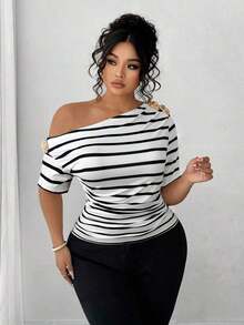 Blusa de hombros descubiertos elegante y versátil de moda casual para mujeres de talla grande - Blanco y Negro - Ver 6