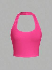Camiseta de tirantes de ajuste ceñido con cuello halter, color liso y corta, de estilo minimalista y casual para mujer, de verano - Rosa Fucsia - Ver 5