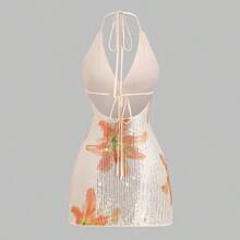 Women's New Spring/Summer Suitable For Vacation, Party, Elegant Romantic Floral Sequin Fabric Deep V-Neck Design Backless Tie Strap Mini Dress - Azul - Ver 3