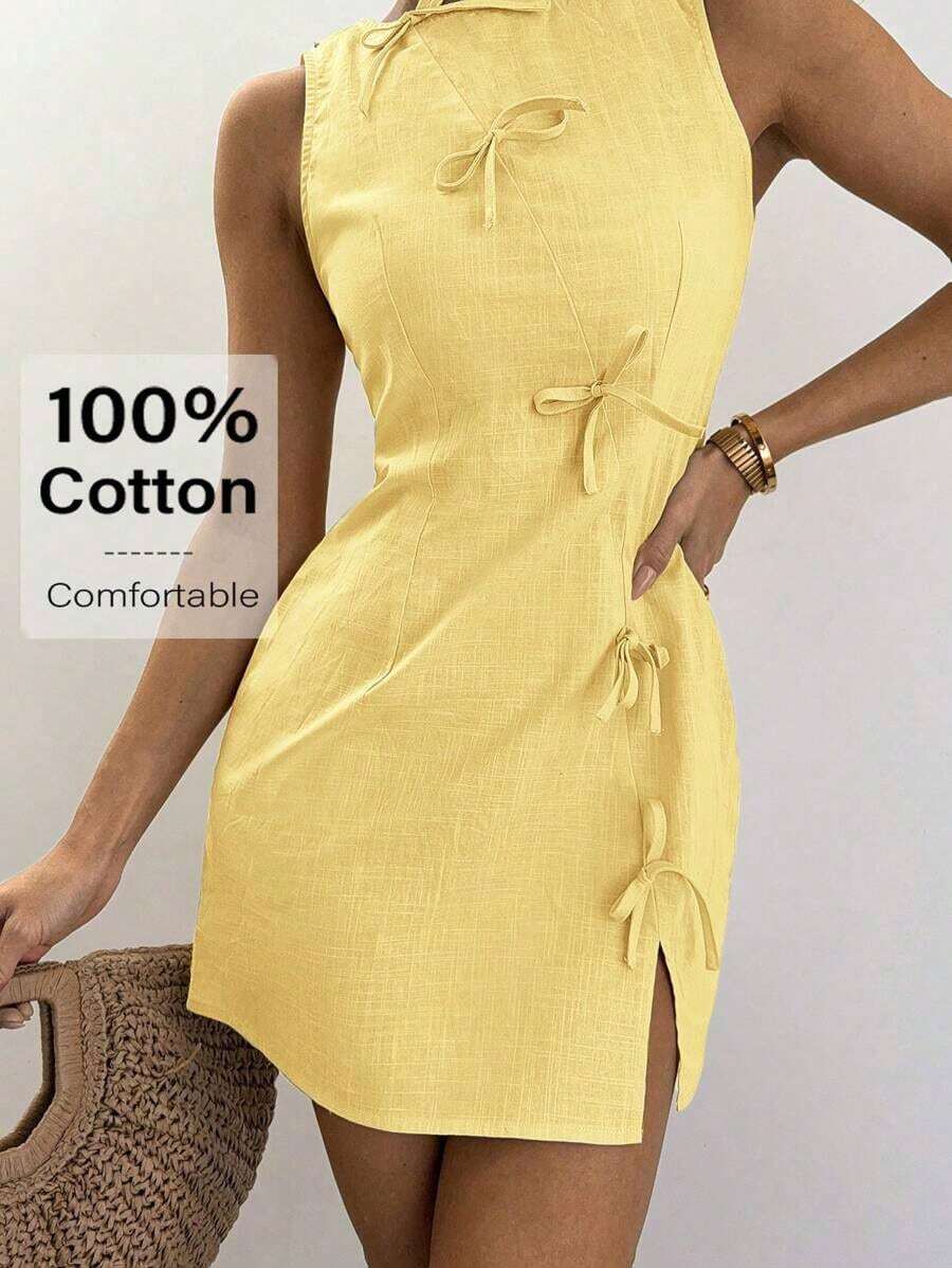 2026 New Release: Bohemian Office Siren Mini Dress - Linen-Cotton Blend Beige Sleeveless Dress With Bowknot Detailing, A-Line Summer Work To Weekend Outfits Summer Dresses For Women Brown Casual - Amarillo - Ver 1