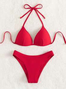 Conjunto de bikini liso, sujetador push up y parte inferior de bikini, traje de baño de 2 piezas - Rojo - Ver 6