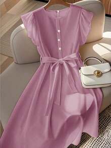 Vestido de mujer de longitud media, cómodo y suave, sin estiramiento, con cuello redondo, mangas de vuelo, cintura elástica, decoración de botones de perla, estilo francés elegante y versátil para vacaciones y viajes, color albaricoque, primavera - Color caoba - Ver 6