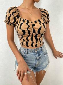 Camiseta corta fruncido delantero escote corazón de manga farol - Caqui - Ver 3