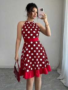 Vestido mini casual de fiesta con pliegues y lunares para mujer - Rojo - Ver 7