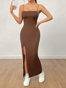 Vestido largo negro de mujer con correa de abertura alta y unicolor - Marrón - Ver 3
