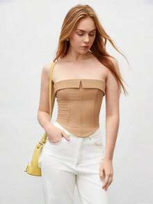 Camiseta de tirantes con detalle de pliegue para mujer, apta para uso urbano y casual de negocios, top básico adecuado para Navidad, Halloween, fiestas y atuendo de invitada a bodas - Caqui - Ver 7