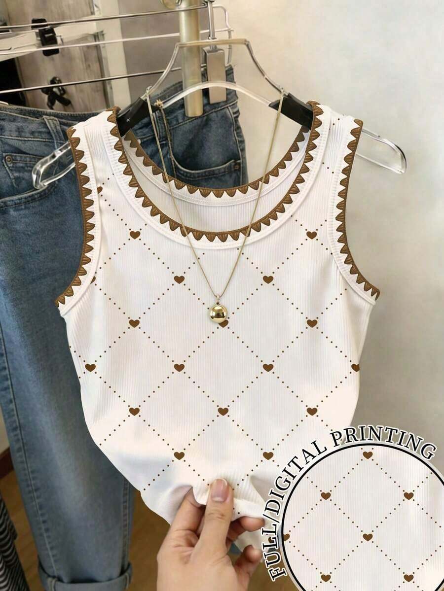 Camiseta de tirantes con cuello redondo, estampado de flores de cerezo y recorte de concha para mujer - Multicolor 5 - Ver 1