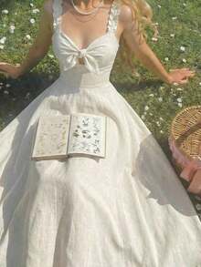 Vestido de mujer de unicolor con nudo delantero, elegante, con tirantes finos y de largo medio - Albaricoque - Ver 7