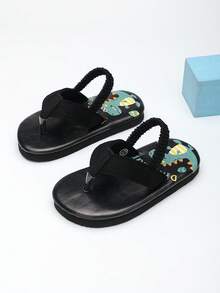 1 Pair Baby Open Toe Breathable Dinosaur Pattern Flip Flops, Kids Outdoor Slip-On Slouchy Sandals - Black - View 6