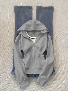 Chaqueta con capucha de manga larga, minimalista y casual de unicolor para mujer - Gris Claro - Ver 10