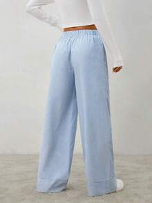 Pantalones casuales de pierna ancha a rayas para mujeres para ir al trabajo - Azul y blanco - Ver 2