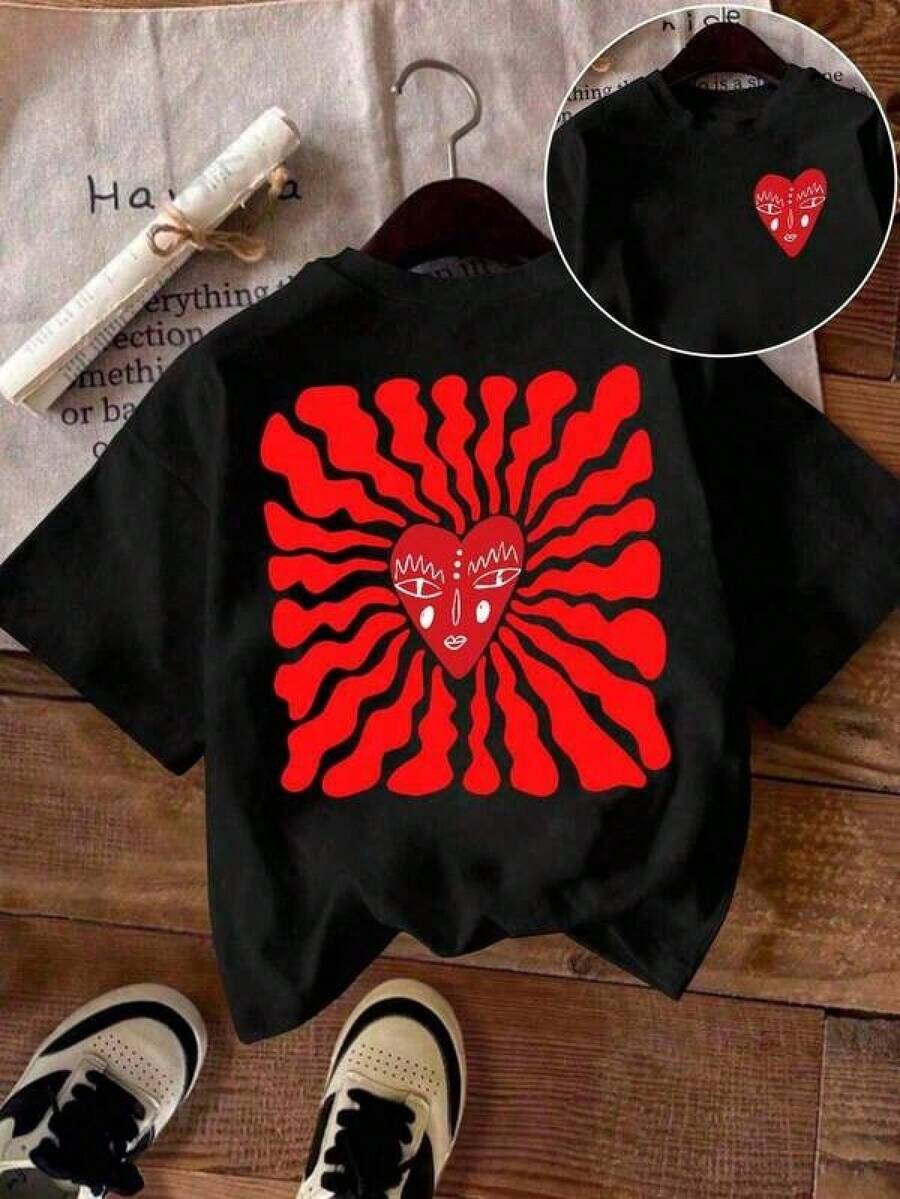 1pc Camisetas para mujer,Camisetas Para Hombre,cuello redondo,estilo urbano juvenil,estilo streetwear,diseño de moda callejera,ideal para uso informal diario - Negro - Ver 1