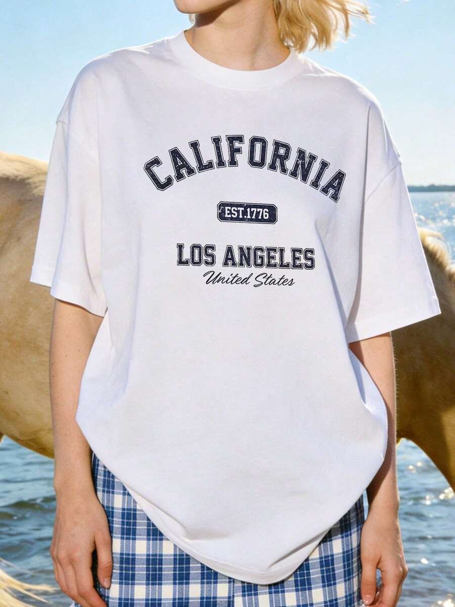 Women's Soft, Casual, Crew-Neck Short-Sleeve T-Shirt With A Retro California Los Angeles Graphic Print, Suitable For Everyday Casual Wear. Black. - 白色 - 查看 1