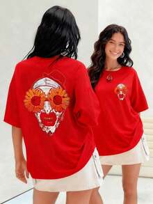 Skull With Vibrant Sunflowers Obscuring Its Eyes, Women's T-Shirt, 100% Cotton; Represents A Colorful And Optimistic Rebirth, Celebrating Life In Memory Of The Deceased. Suitable For Spring, Summer And Autumn - 紅色 - 查看 7
