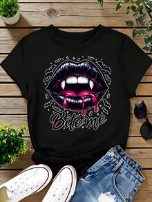 Women's Summer Fashion T-Shirt With Vampire Lips Biting Me Design, Gothic Style Print T-Shirt, Suitable For Casual Wear, Party Outfit, Halloween Costume - Unisex, Suitable For Casual Daily Outings, Short Sleeve Summer Top, Retro Y2K Print T-Shirt. - 黑色 - 查看 6