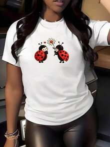 Loose Ladybug Floral Print T-Shirt, Women's Crew Neck Top, Casual Everyday Shirt, Cute Insect Design, Suitable For Spring And Summer, For All Seasons. DDQDBasic Women's Cotton Crew Neck T-Shirt - 白色的 - 查看 1